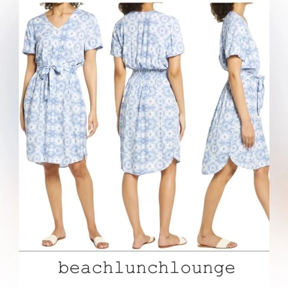 Beachlunchlounge Mayle Print Belted Midi Shift Dress with Waist Tie